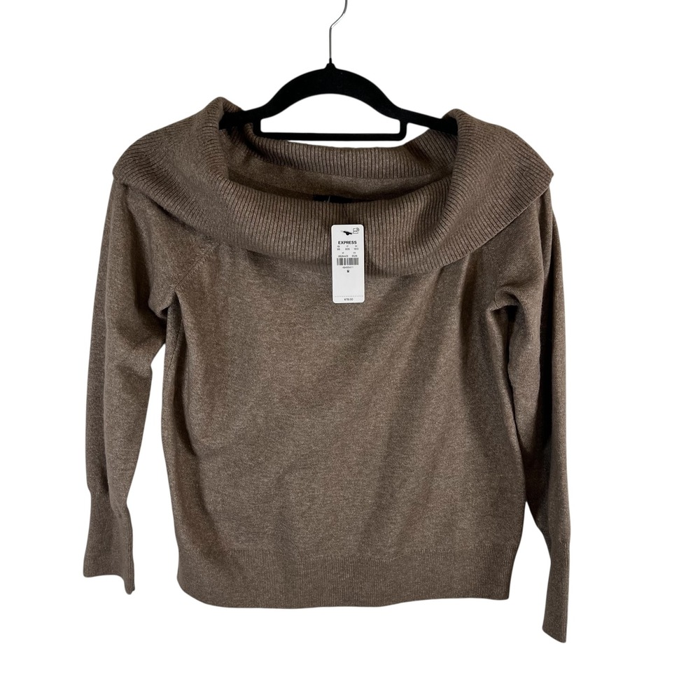 Express Womens Cowl Neck Off Shoulder Sweater Brown Long Sleeve‎ Knit Medium NEW